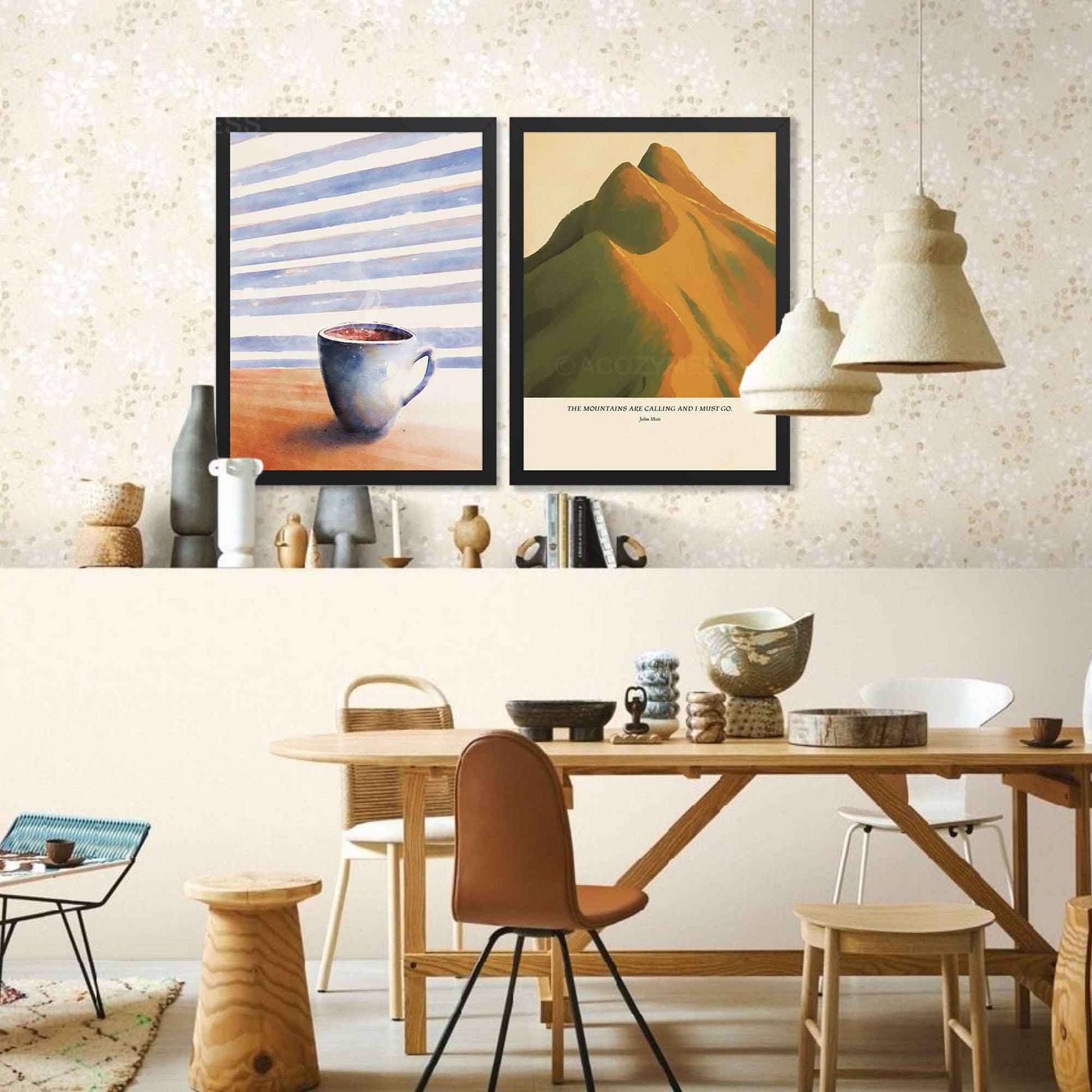 John Muir inspirational mountain quote wall art presented in a black frame, with a warm-hued scenic landscape art.