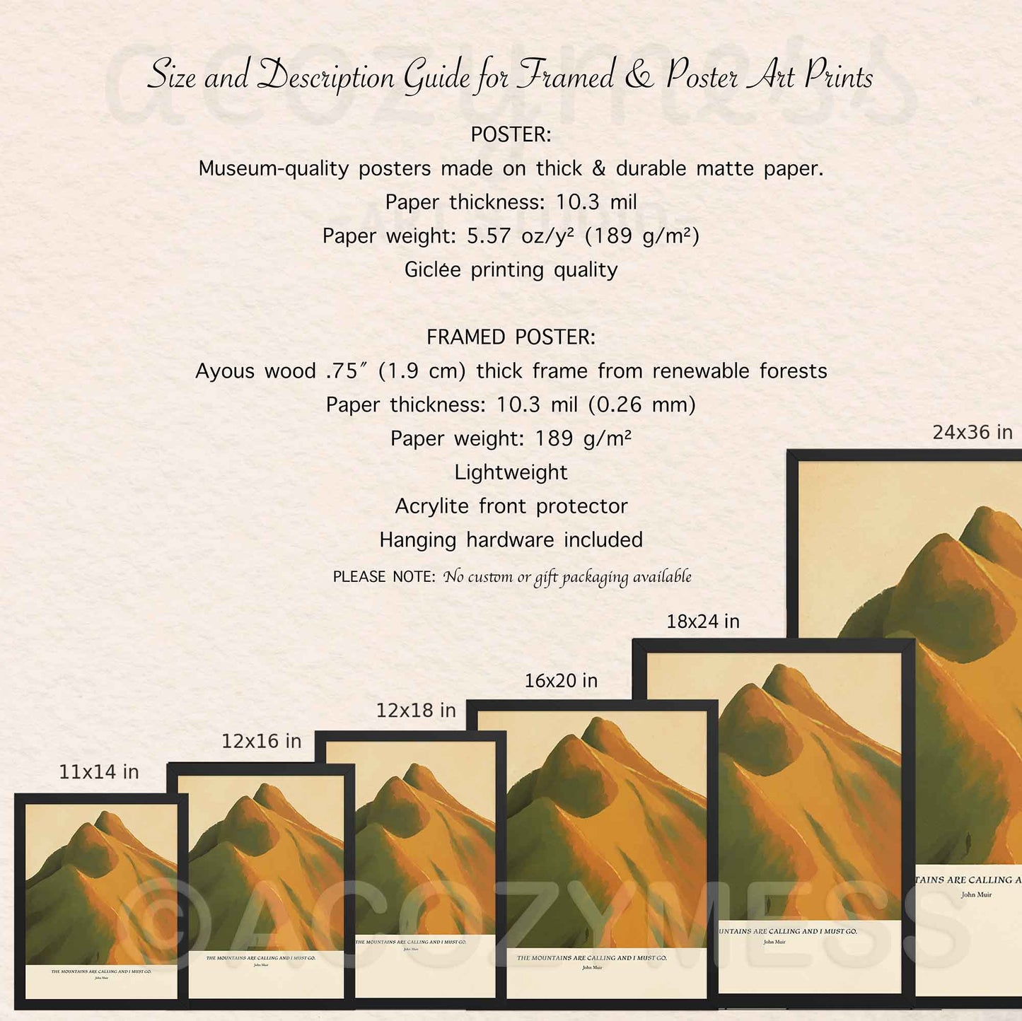 Size and description guide for framed and poster art prints with mountain-themed artwork.