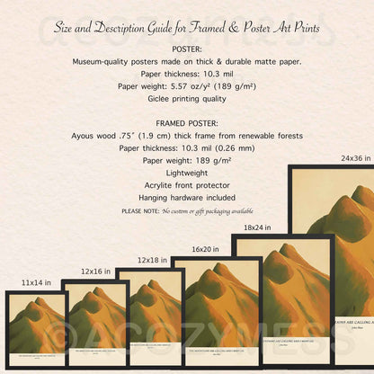 Size and description guide for framed and poster art prints with mountain-themed artwork.
