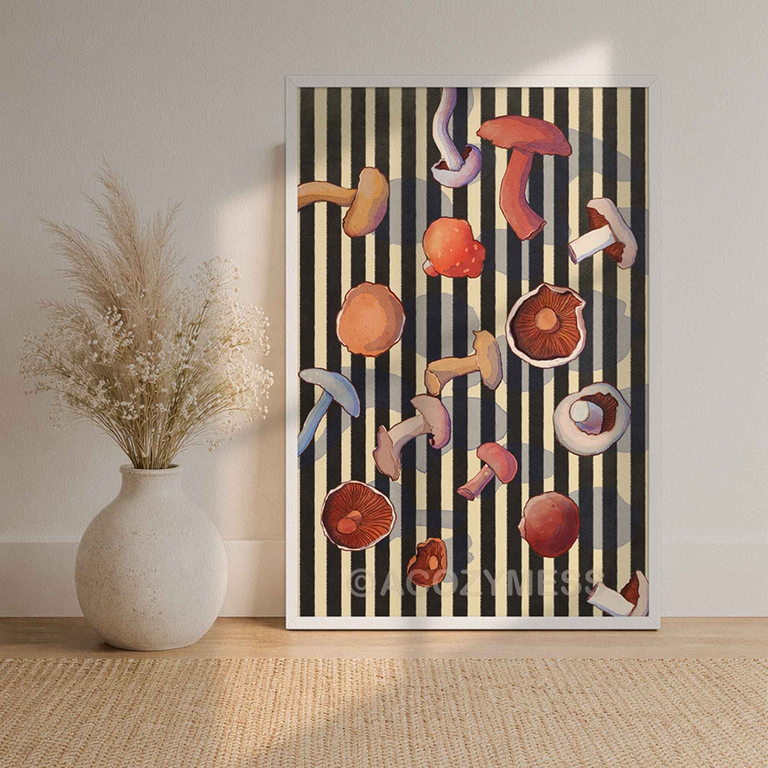 White framed mushroom wall art poster with botanical mushroom illustration and striped design.