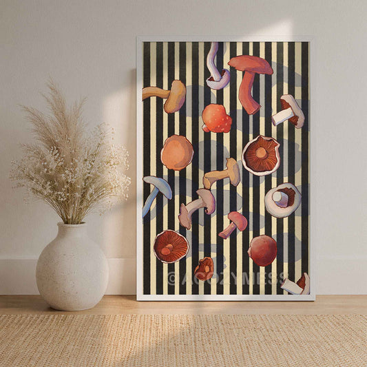 White framed mushroom wall art poster with botanical mushroom illustration and striped design.