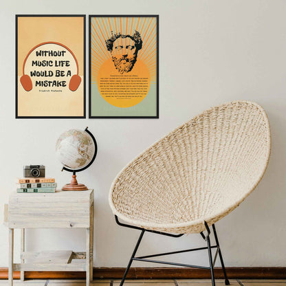 Music poster featuring the Friedrich Nietzsche quote, Without music, life would be a mistake, in black frame on a wall.