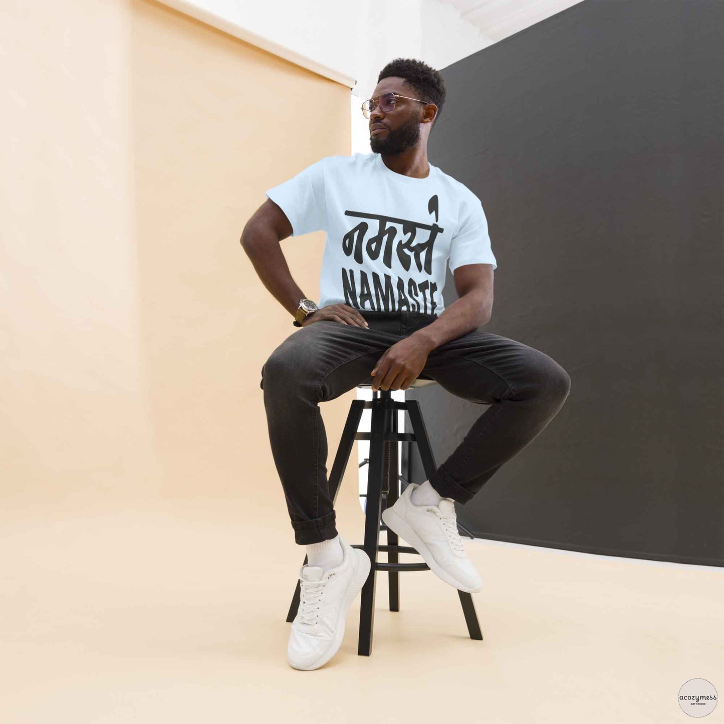 namaste, spiritual greeting tshirt in light blue color
