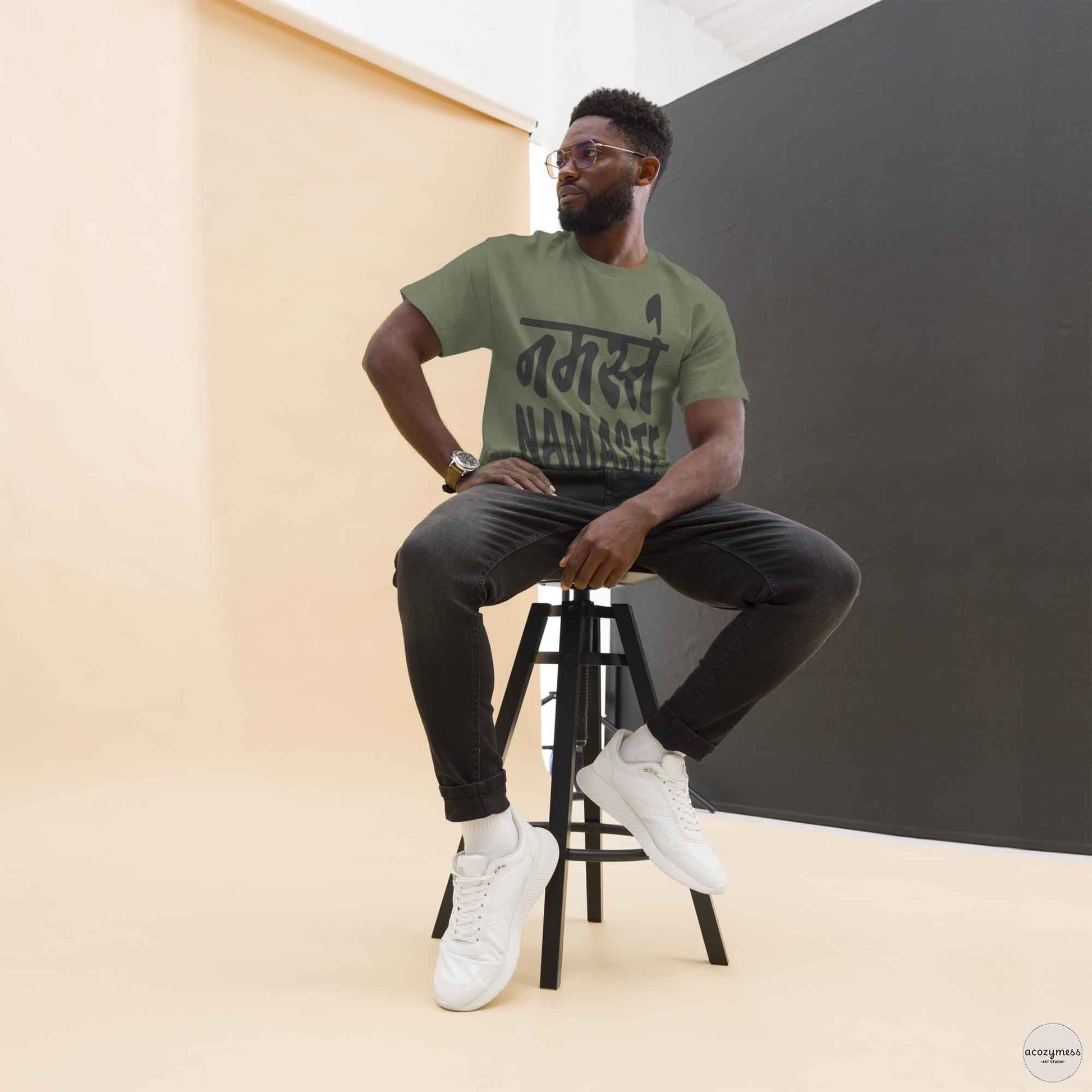 namaste, spiritual greeting tshirt in military green color