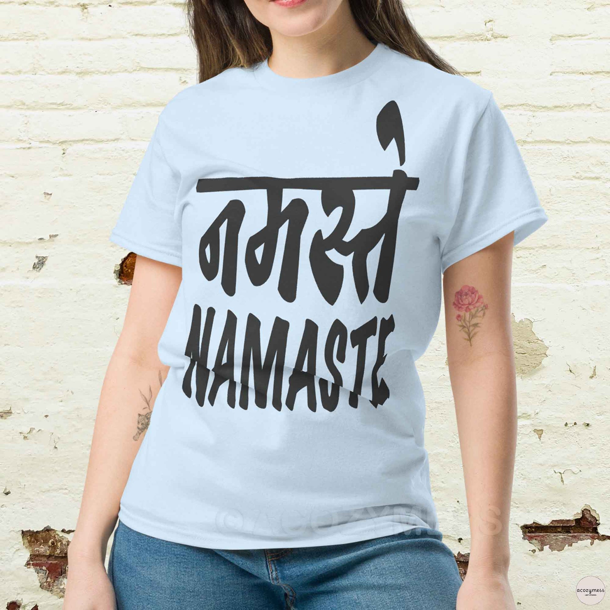 namaste, greeting tshirt in light blue color