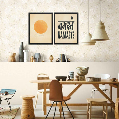 A black-framed typography poster featuring the word Namaste in both Hindi (नमस्ते) and English, displayed in bold black font on a beige background for mindful spaces.