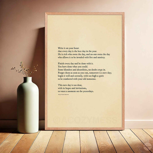 Write it on your heart, Framed poster in oakwood finish with minimalist quote typography.