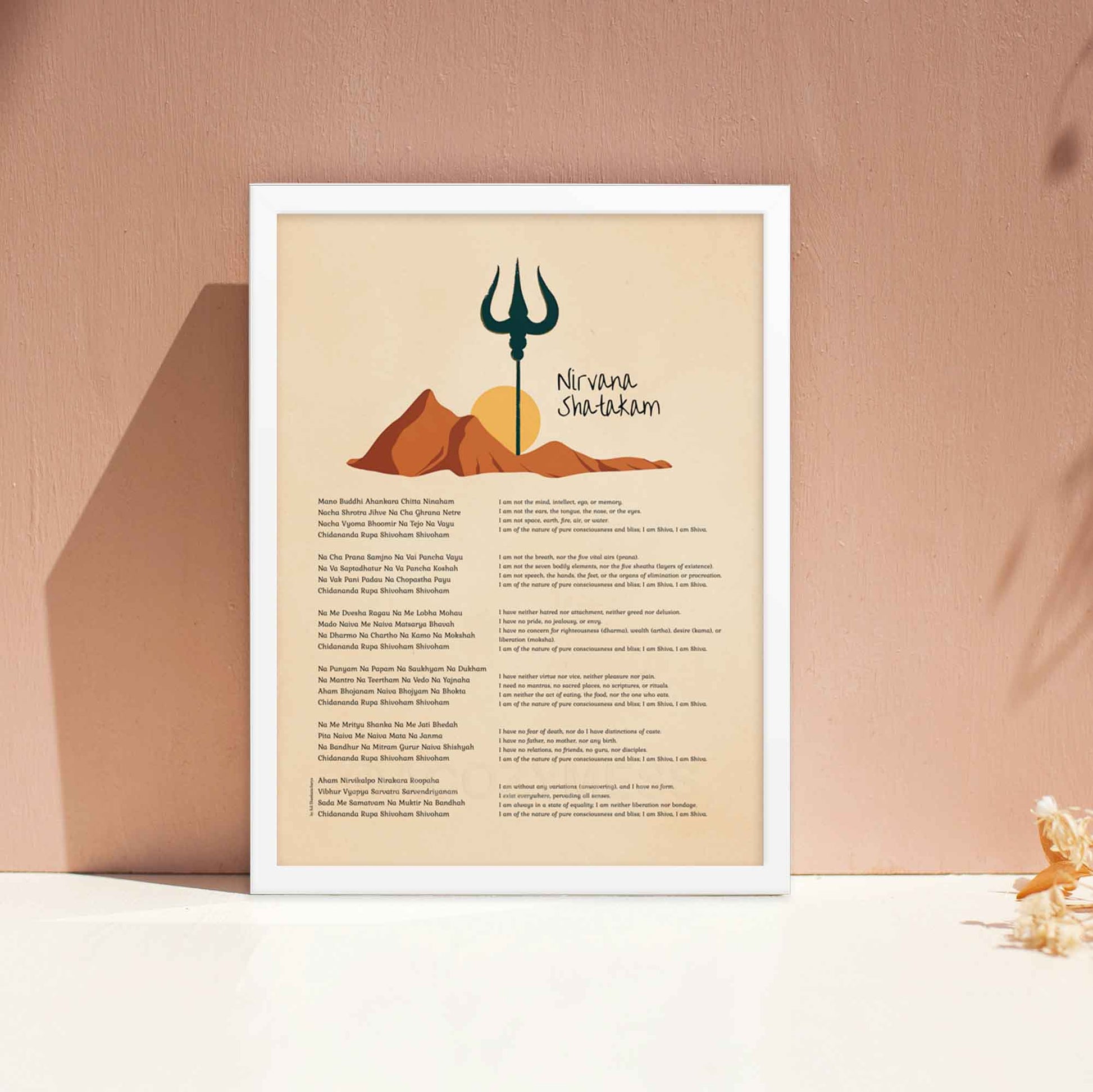 Nirvana Shatakam Poster with Mountain and trishul illustration with its english translation, framed in white, perfect for creating mindful and spiritual corners.