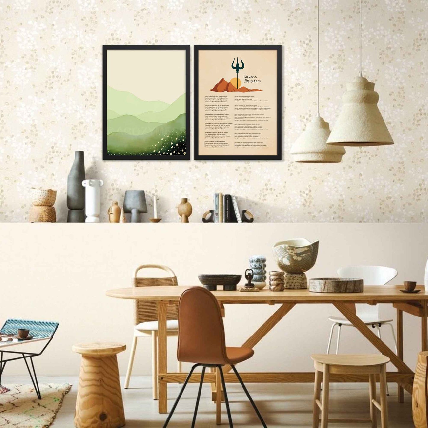 Nirvana Shatakam Print with Mountain and trishul illustration with its english translation, framed in black, perfect for creating mindful and spiritual corners.