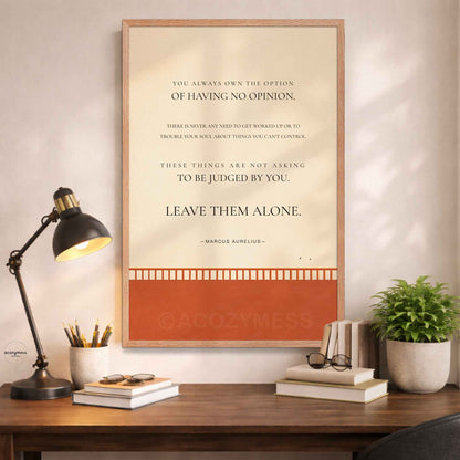 Marcus Aurelius Stoic quote wall art in oakwood frame with bridge and birds design on a wall above a desk with a lamp and books.