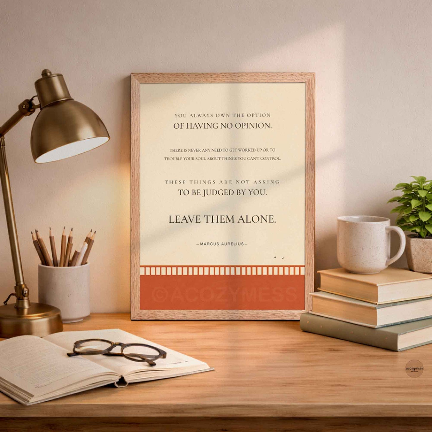Inspirational Marcus Aurelius poster in oakwood frame with minimalist bridge illustration