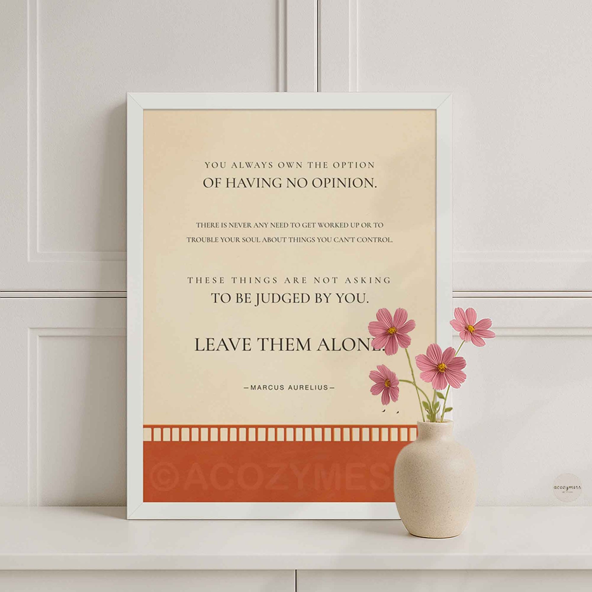 Marcus Aurelius quote wall art in white frame with beige background and minimalist bridge design