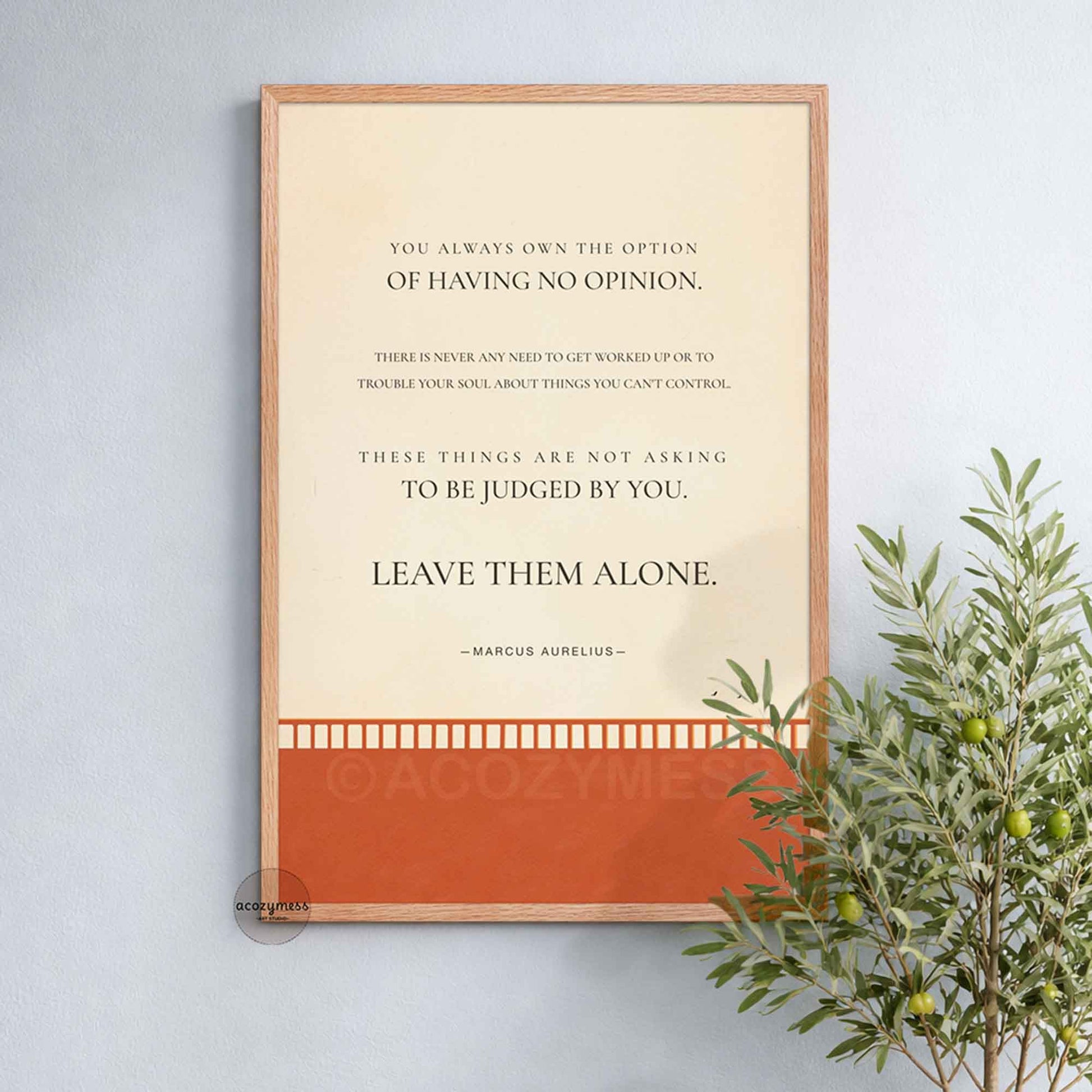 Stoicism philosophy wall art framed in oakwood with birds in open sky on beige background