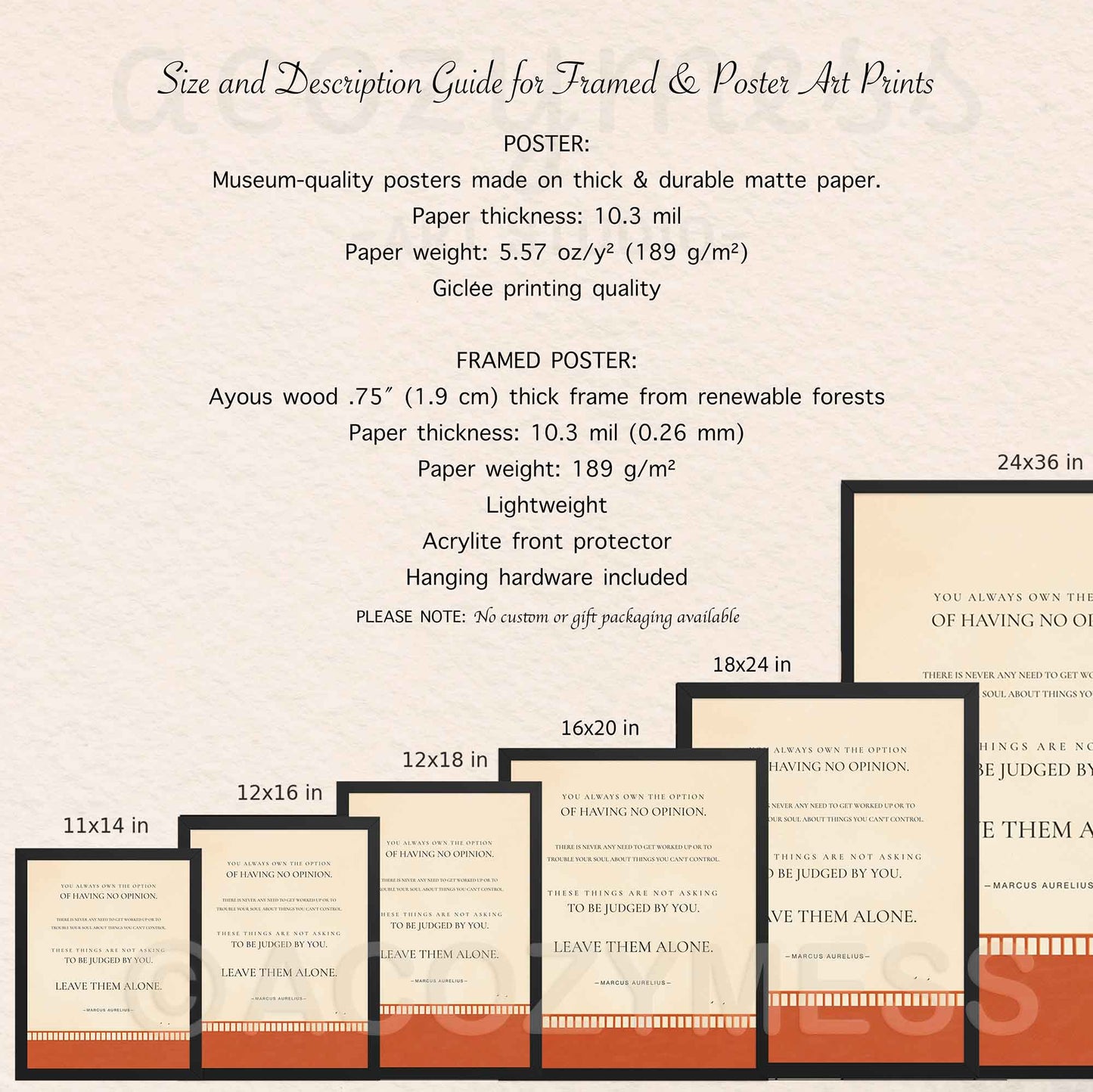 Size and description guide for framed and poster art prints with dimensions and material details.