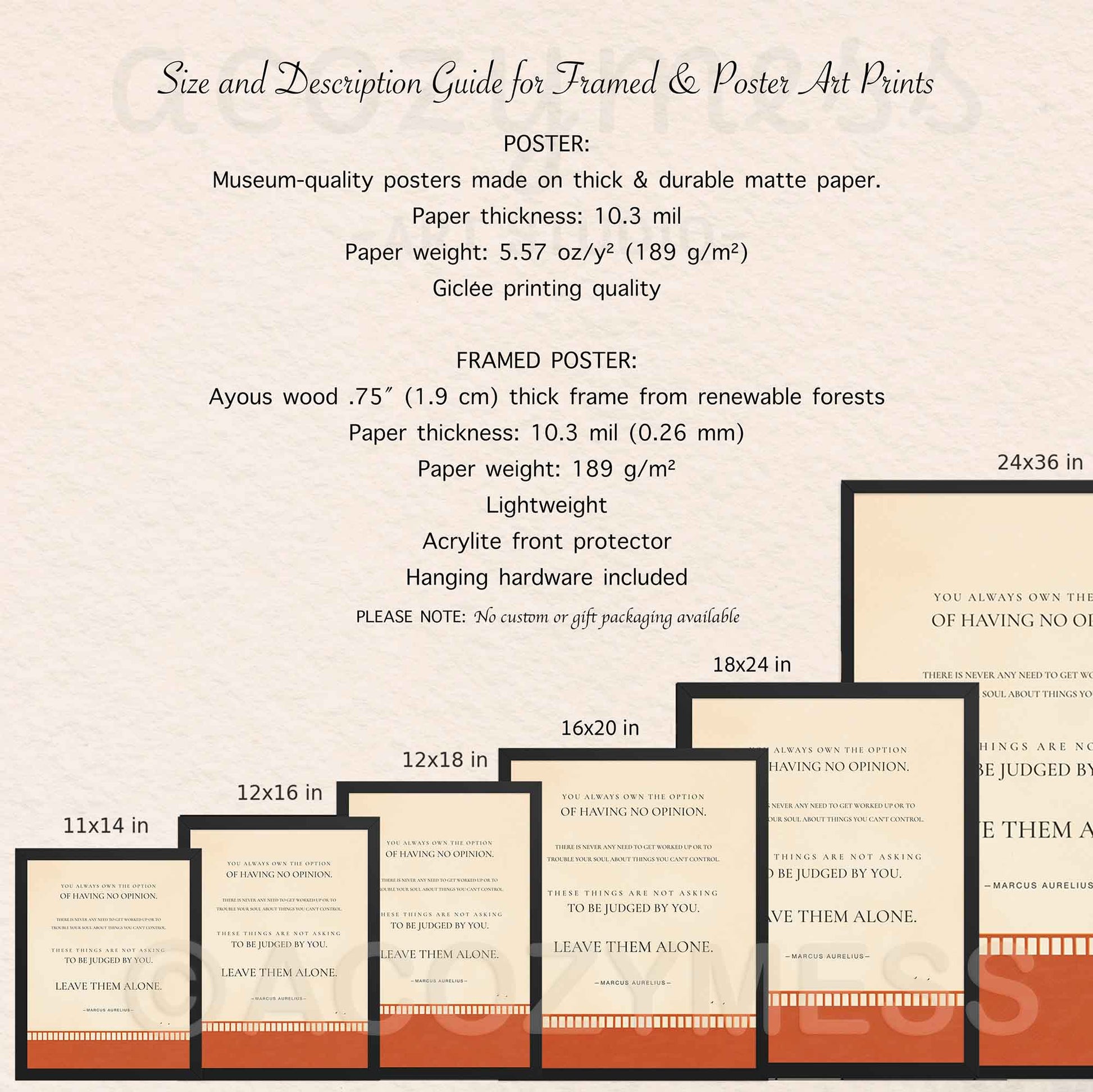 Size and description guide for framed and poster art prints with dimensions and material details.
