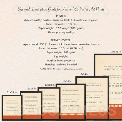 Size and description guide for framed and poster art prints with dimensions and material details.