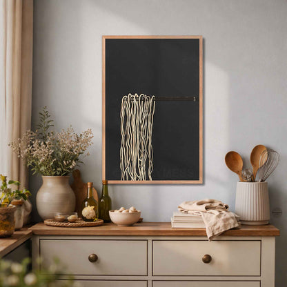 Ramen noodles on chopsticks illustration in an oakwood frame, neutral modern food wall art for kitchen or cafe decor.
