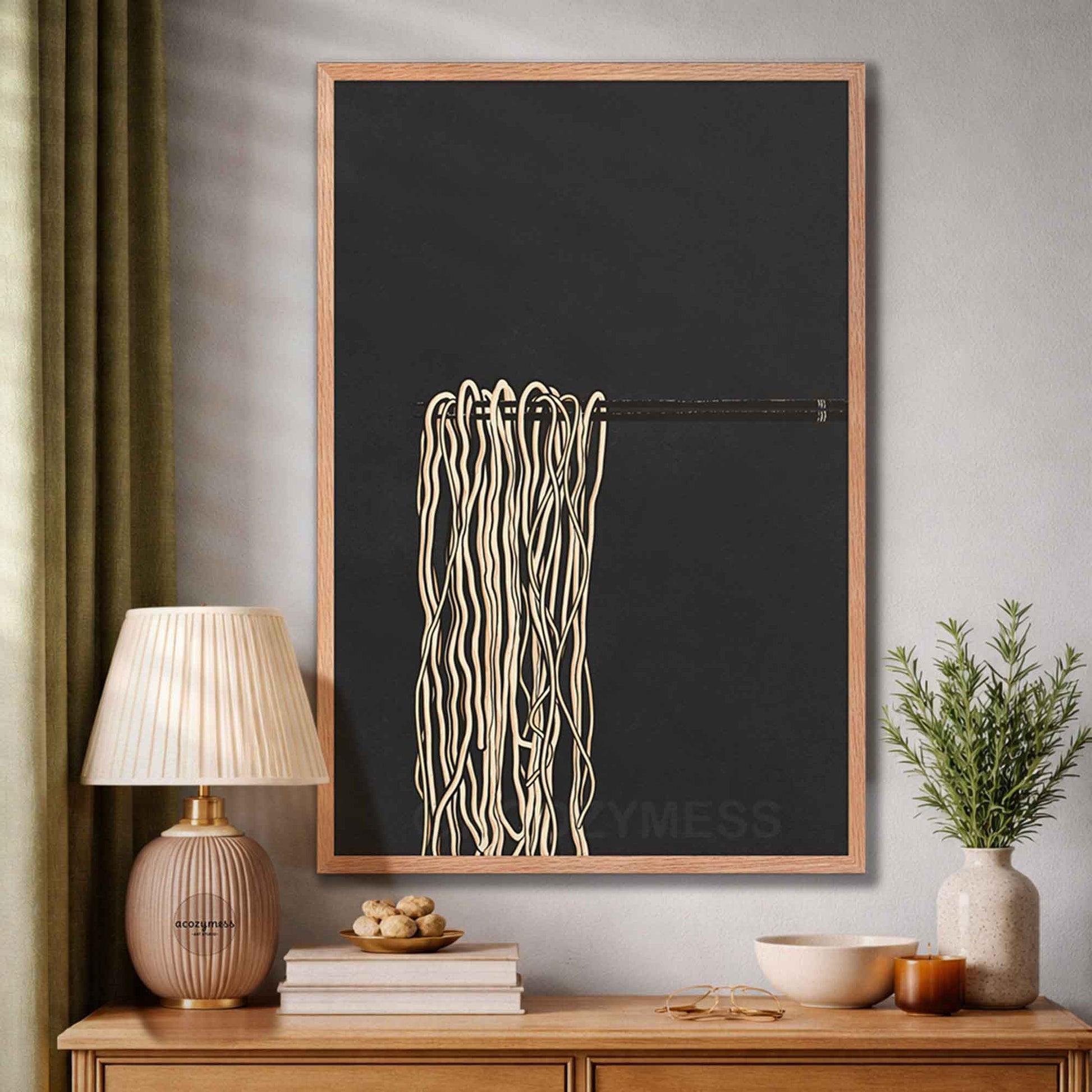 Minimal ramen poster in oakwood frame—black and gray noodle illustration with warm beige accents for dining spaces.