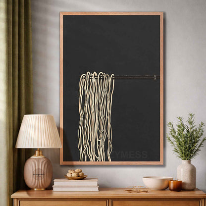 Minimal ramen poster in oakwood frame—black and gray noodle illustration with warm beige accents for dining spaces.