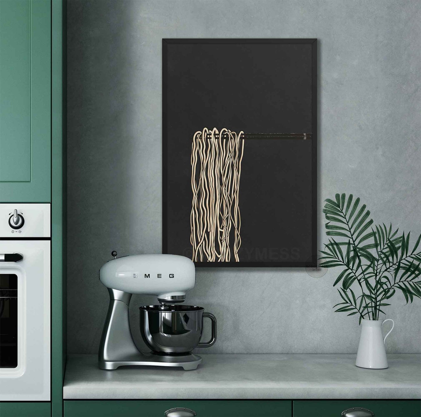 Gallery-style ramen wall art in black frame—chopsticks lifting noodles in a refined neutral illustration.