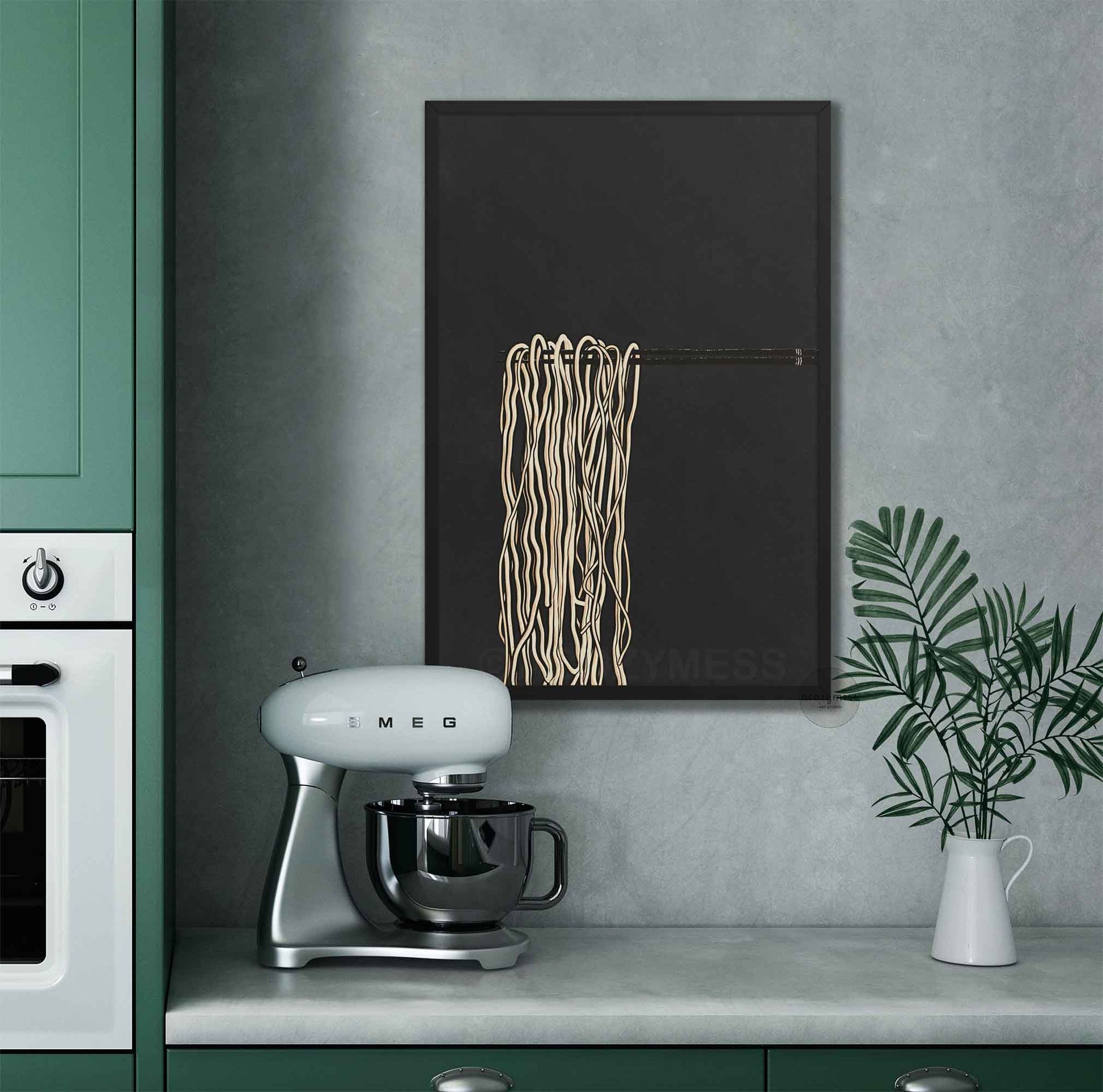 Gallery-style ramen wall art in black frame—chopsticks lifting noodles in a refined neutral illustration.