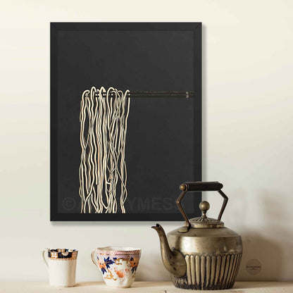 Chopsticks and ramen noodles print in black frame—clean black, gray, and beige illustration with a minimalist style.