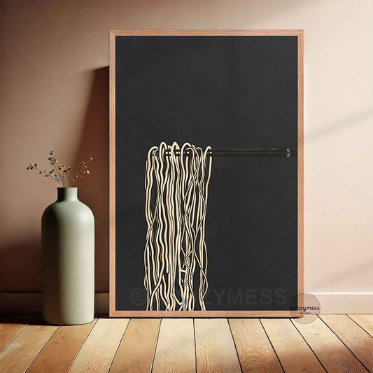 Oakwood-framed ramen wall art featuring chopsticks lifting noodles in a minimalist black, gray, and beige illustration.