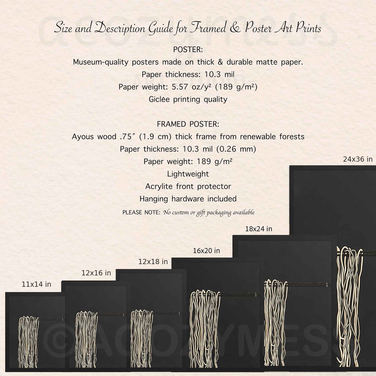 Size and description guide for framed and poster art prints with dimensions and material details.