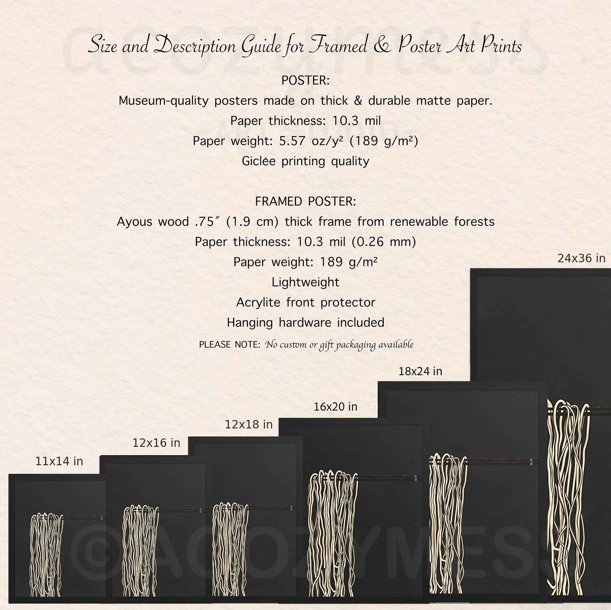 Size and description guide for framed and poster art prints with dimensions and material details.