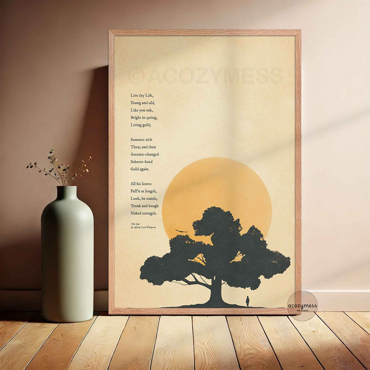 The Oak poem by Alfred Lord Tennyson in a natural light oakwood color frame, featuring an oak tree silhouette against a warm glowing ochre sun on a beige background.