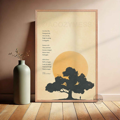 The Oak poem by Alfred Lord Tennyson in a natural light oakwood color frame, featuring an oak tree silhouette against a warm glowing ochre sun on a beige background.
