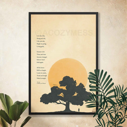 The Oak poem by Alfred Lord Tennyson in a black frame, featuring an oak tree silhouette against a warm glowing ochre sun on a beige background.
