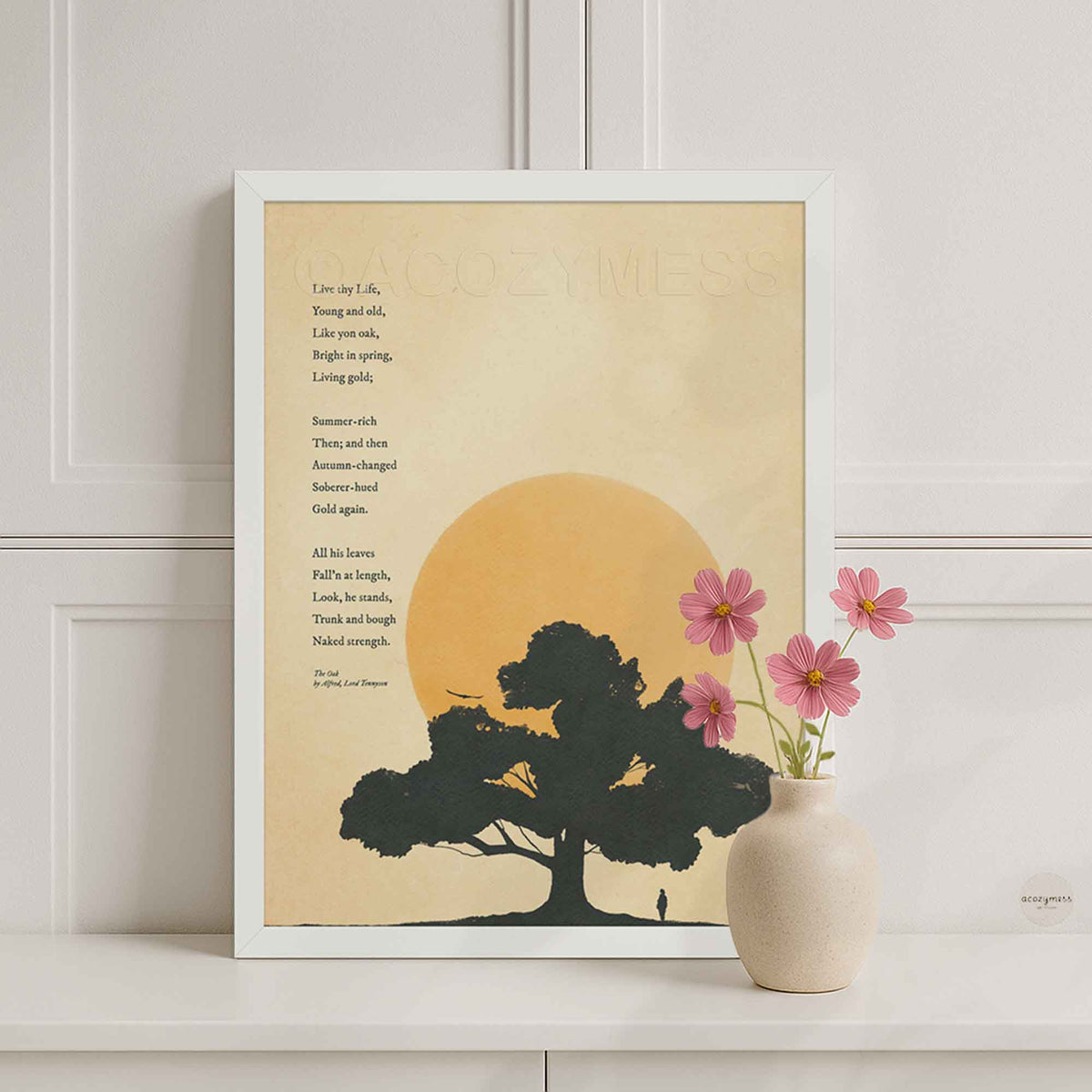 Minimalist white framed art print of Alfred Lord Tennyson's poem The Oak, showing a black oak tree silhouette and ochre sun on vintage warm beige paper.