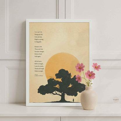 Minimalist white framed art print of Alfred Lord Tennyson's poem The Oak, showing a black oak tree silhouette and ochre sun on vintage warm beige paper.