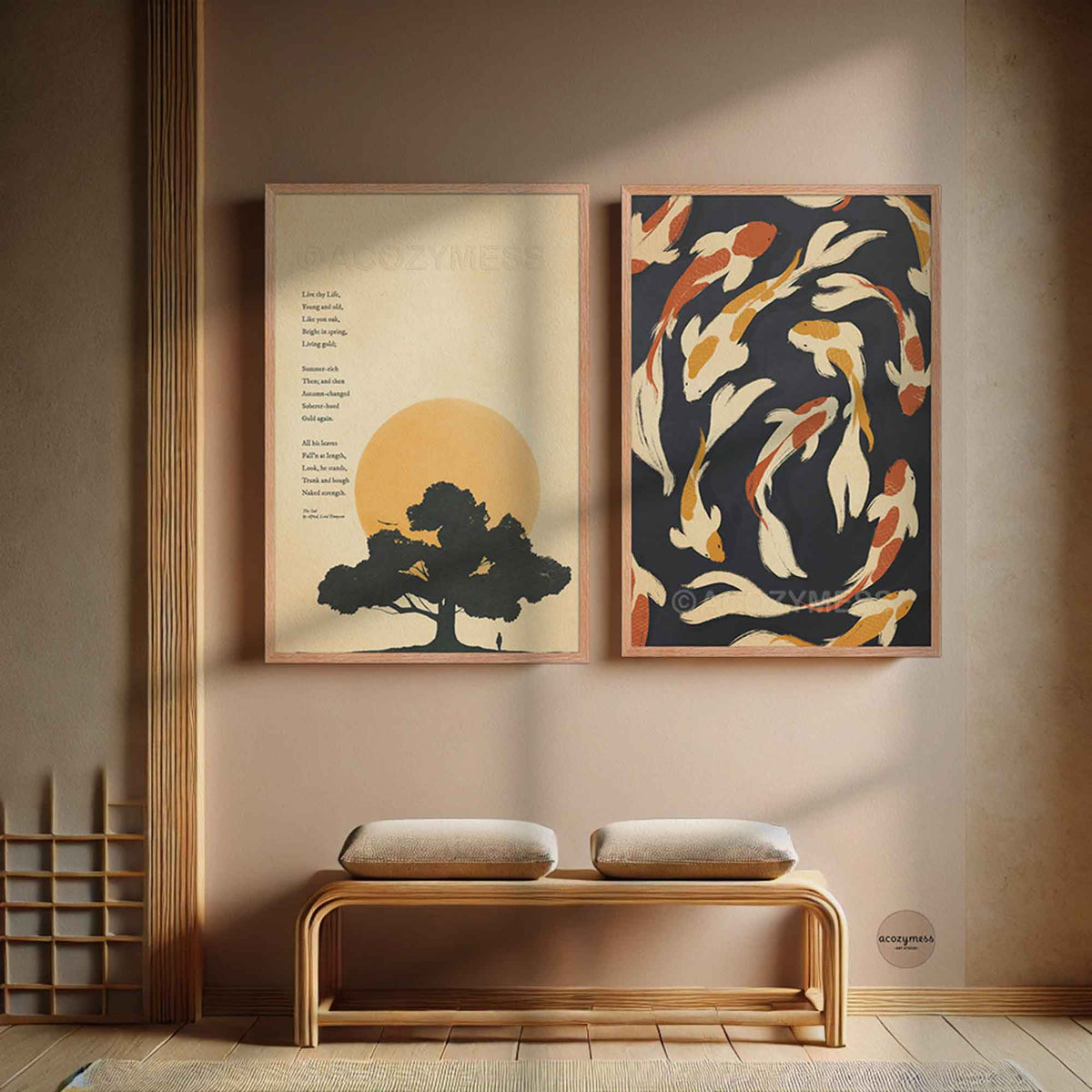 The oak Poem Print in natural wood color frame and koi fishes art.