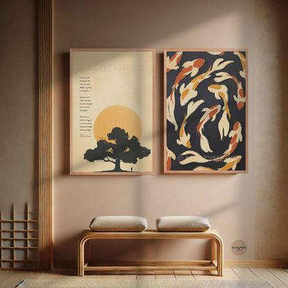 The oak Poem Print in natural wood color frame and koi fishes art.