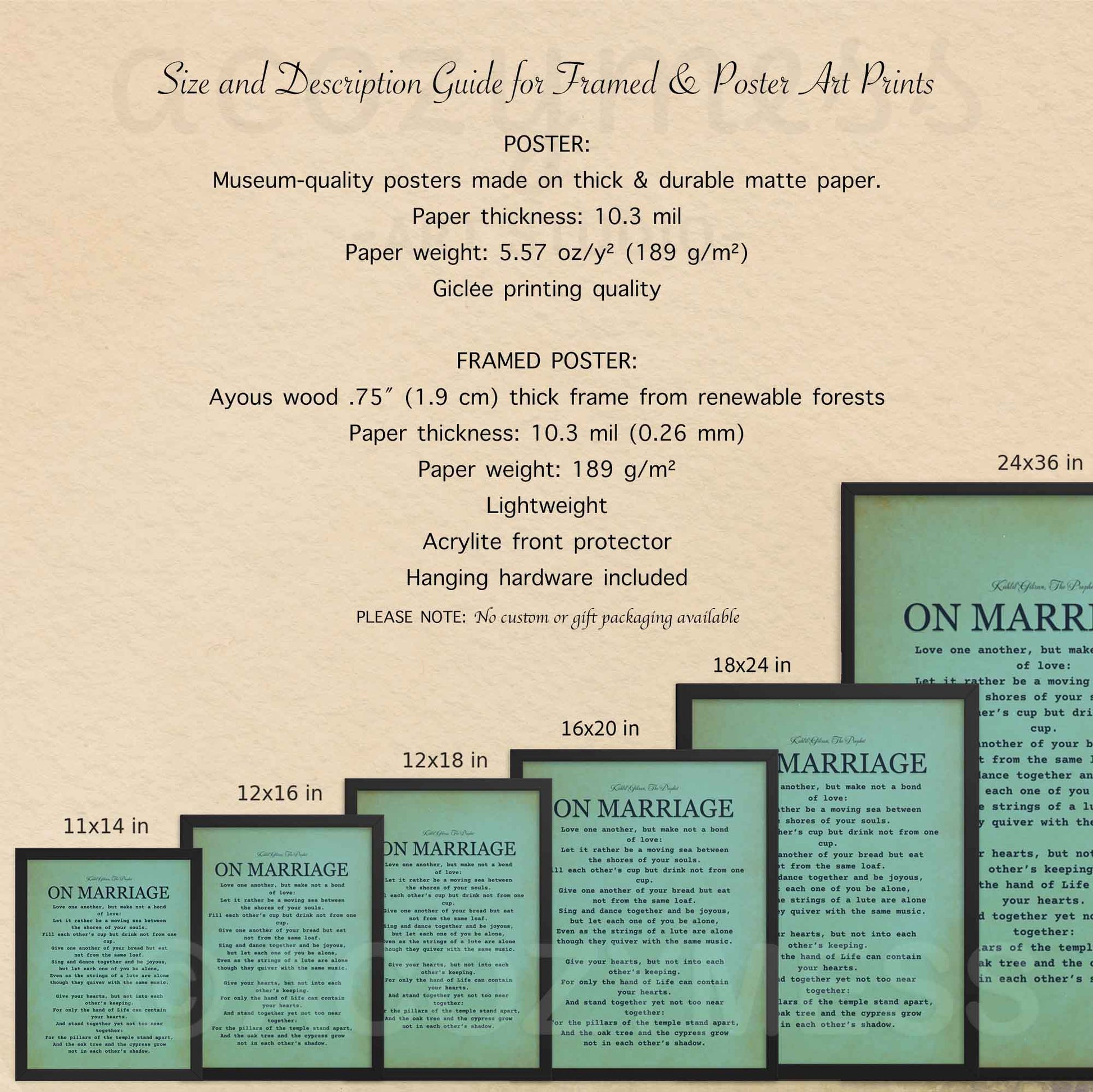 11x14, 12x16, 12x18, 16x20, 18x24, 20x30 framed and unframed poster options description guide for kahlil gibran poster