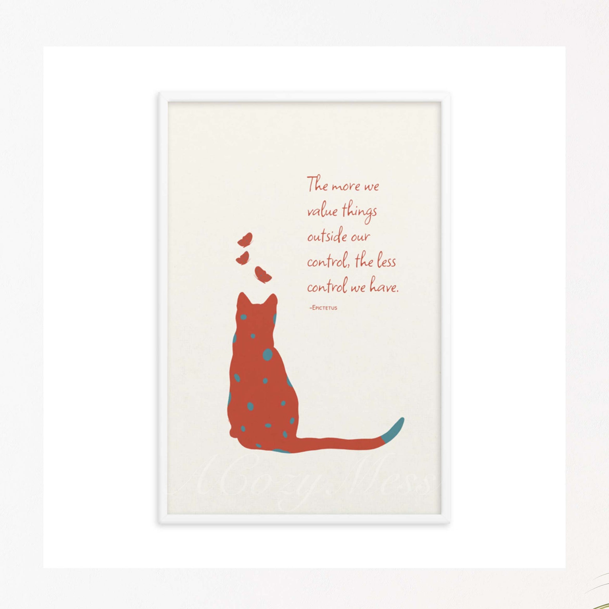 Epictetus Stoic Quote Poster, Epictetus Stoic Quote Poster, with a cat & butterflies illustration in red & blue on white background in white frame.