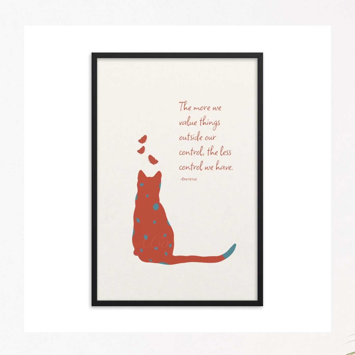 Epictetus Stoic Quote Poster, Epictetus Stoic Quote Poster, with a cat & butterflies illustration in red & blue on white background in black frame.