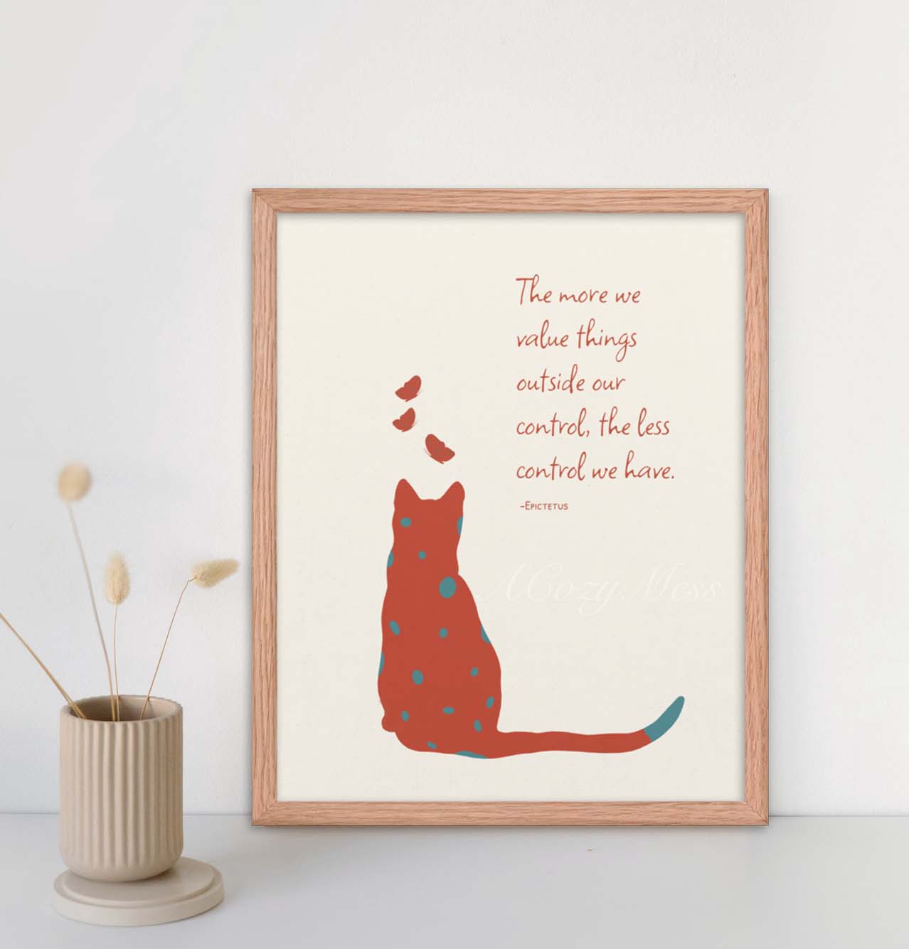 Epictetus Stoic Quote Poster, Epictetus Stoic Quote Poster, with a cat & butterflies illustration in red & blue on white background in oak frame.