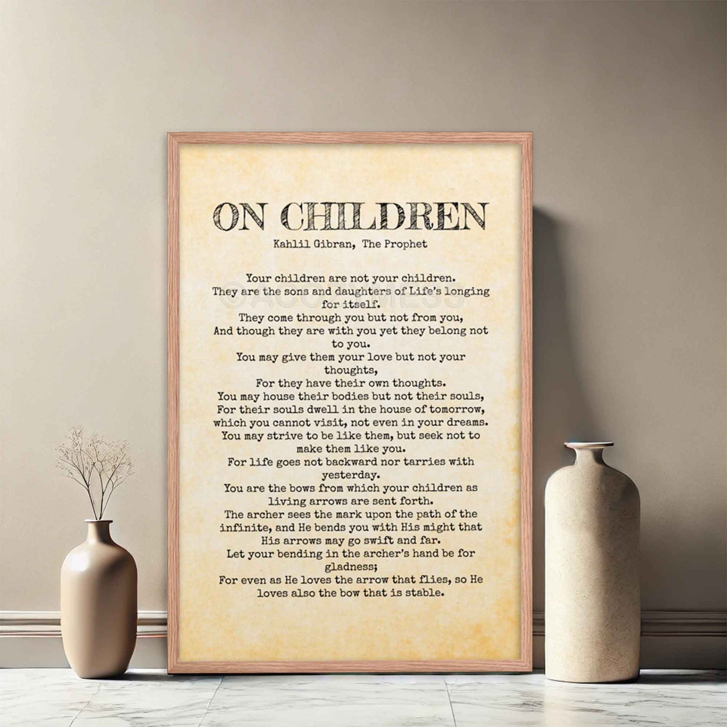 Kahlil Gibran 'On Children' poem poster with vintage-style old paper texture, displayed in an oakwood frame.