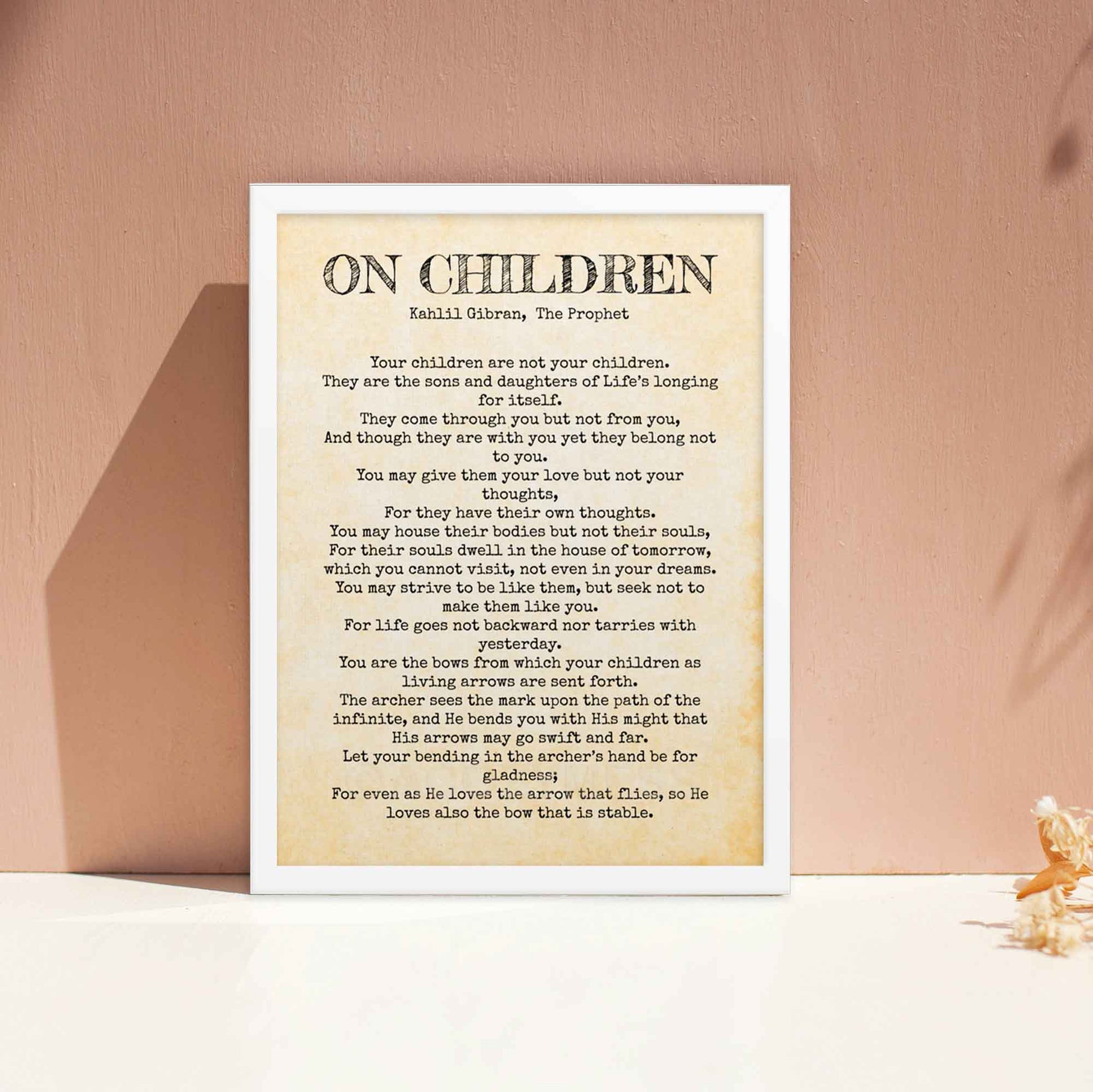 Kahlil Gibran 'On Children' poem poster with vintage-style old paper texture, displayed in an white frame.