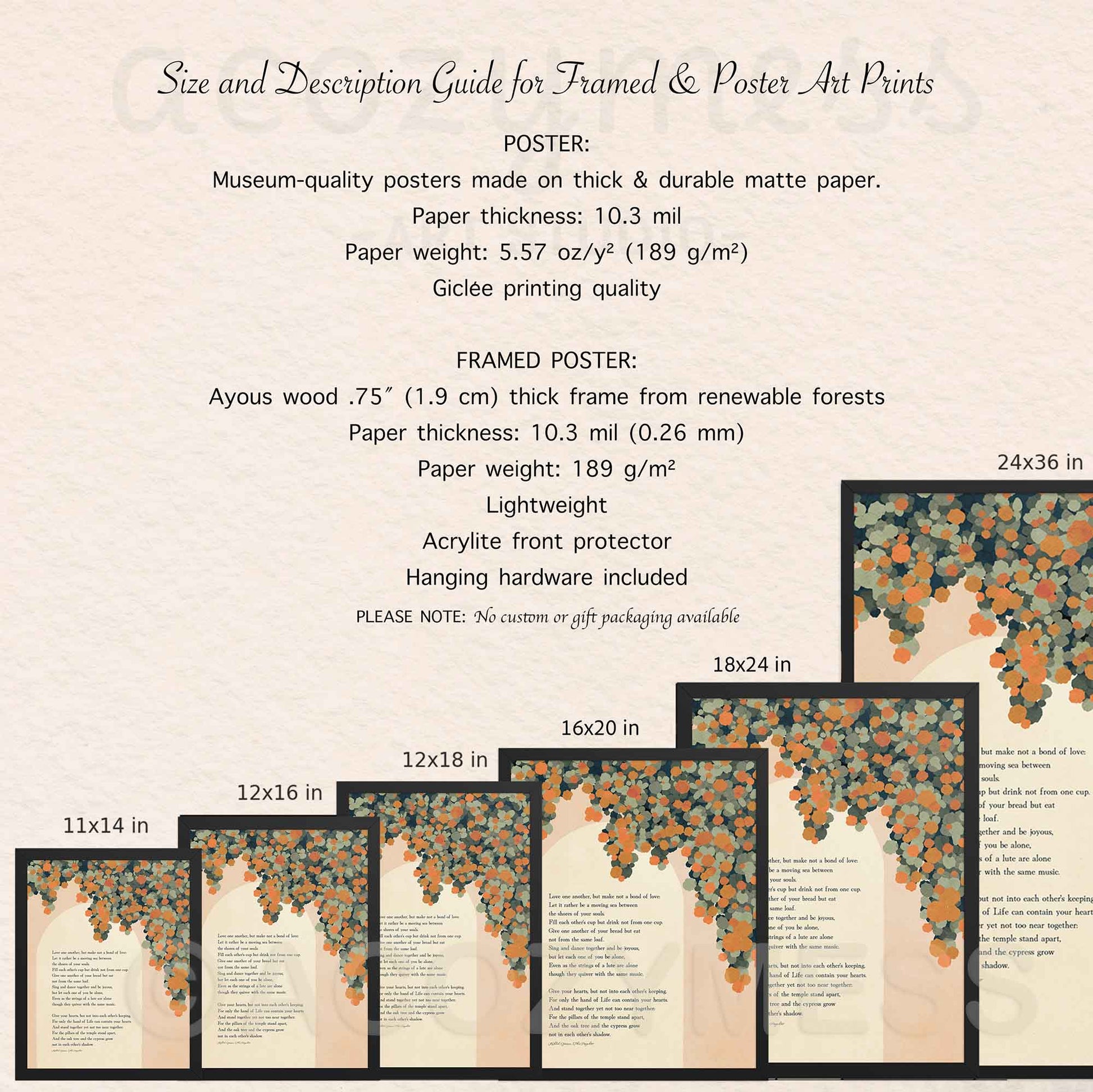 A size and description guide for framed and poster art prints, showing text specifications and a series of framed print previews with dimensions labeled 11x14 in, 12x16 in, 12x18 in, 16x20 in, 18x24 in, and 24x36.