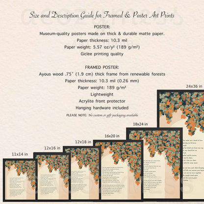 A size and description guide for framed and poster art prints, showing text specifications and a series of framed print previews with dimensions labeled 11x14 in, 12x16 in, 12x18 in, 16x20 in, 18x24 in, and 24x36.