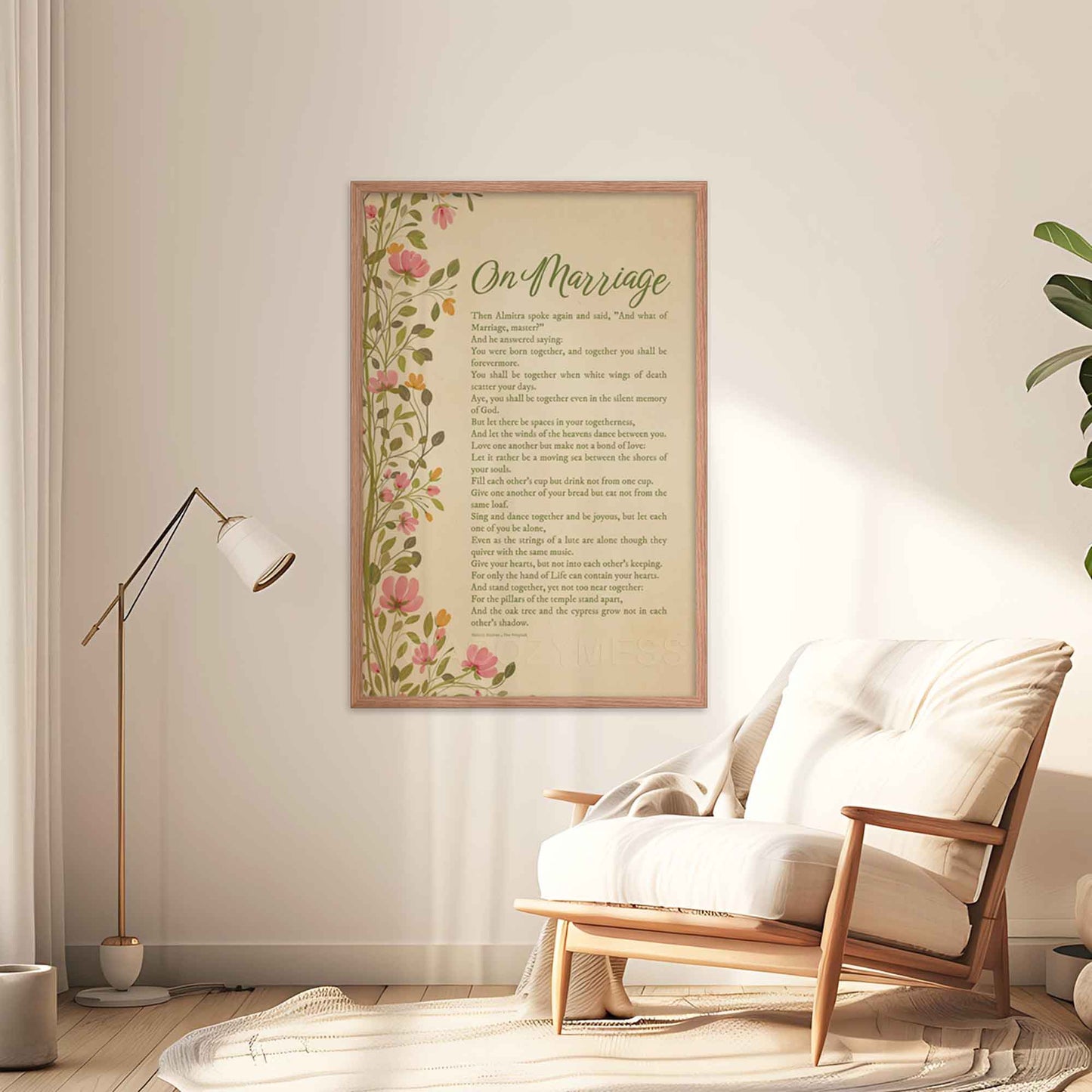 On Marriage by Kahlil Gibran featuring a floral vine design, perfect as a love poem poster for weddings, anniversaries, or home decor, in oakwood frame.