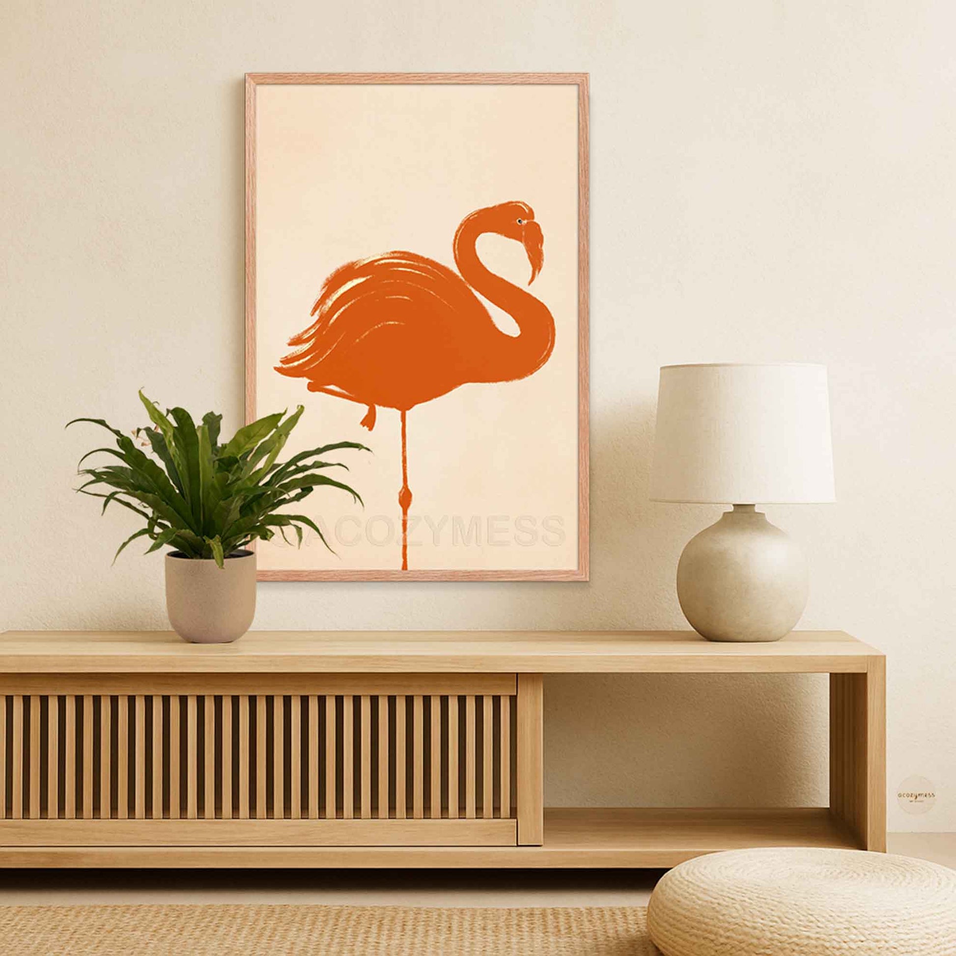  flamingo poster in oakwood frame