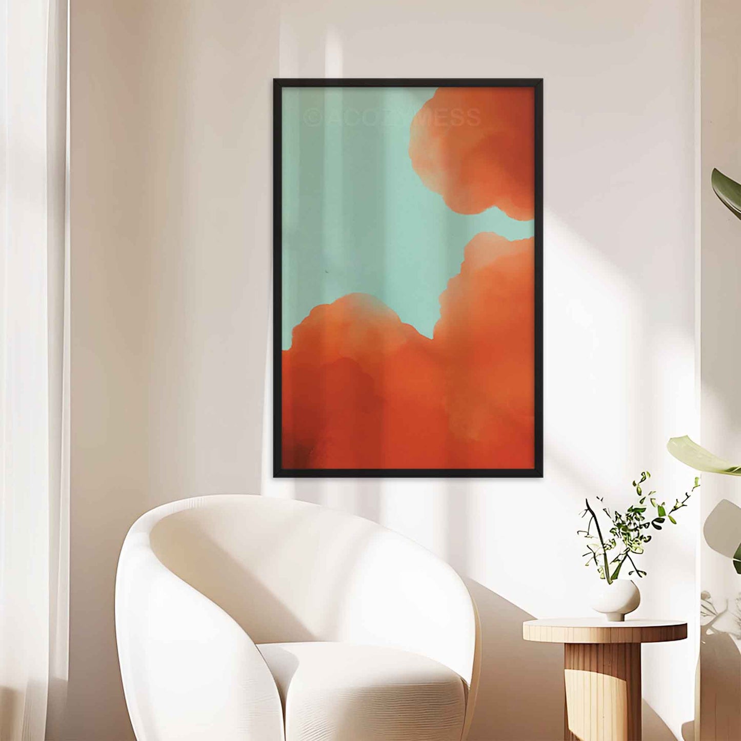 Illustrated art poster featuring vibrant orange-hued clouds against a serene blue sky in black frame for happy wall decor.