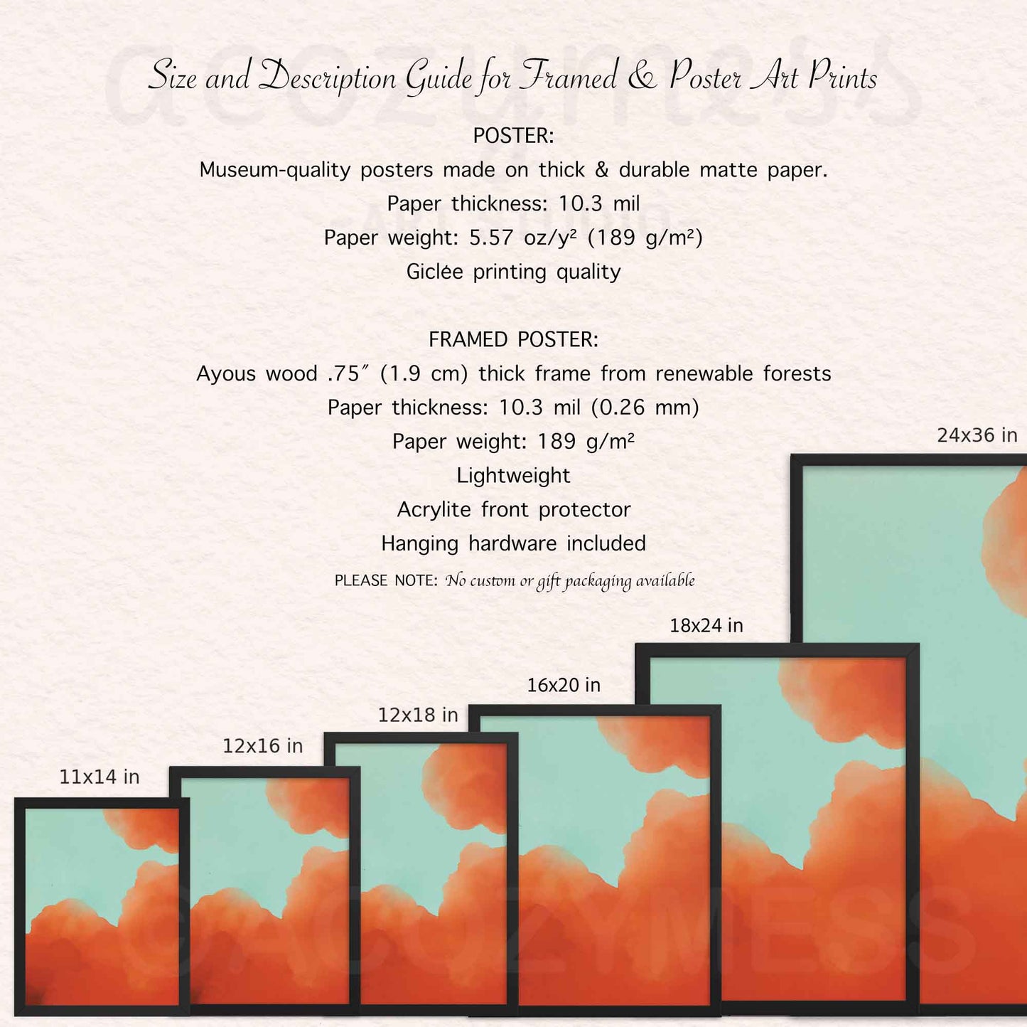 11x14, 12x16, 12x18, 16x20, 18x24, 20x30 framed and unframed poster options description guide for cloud wall art