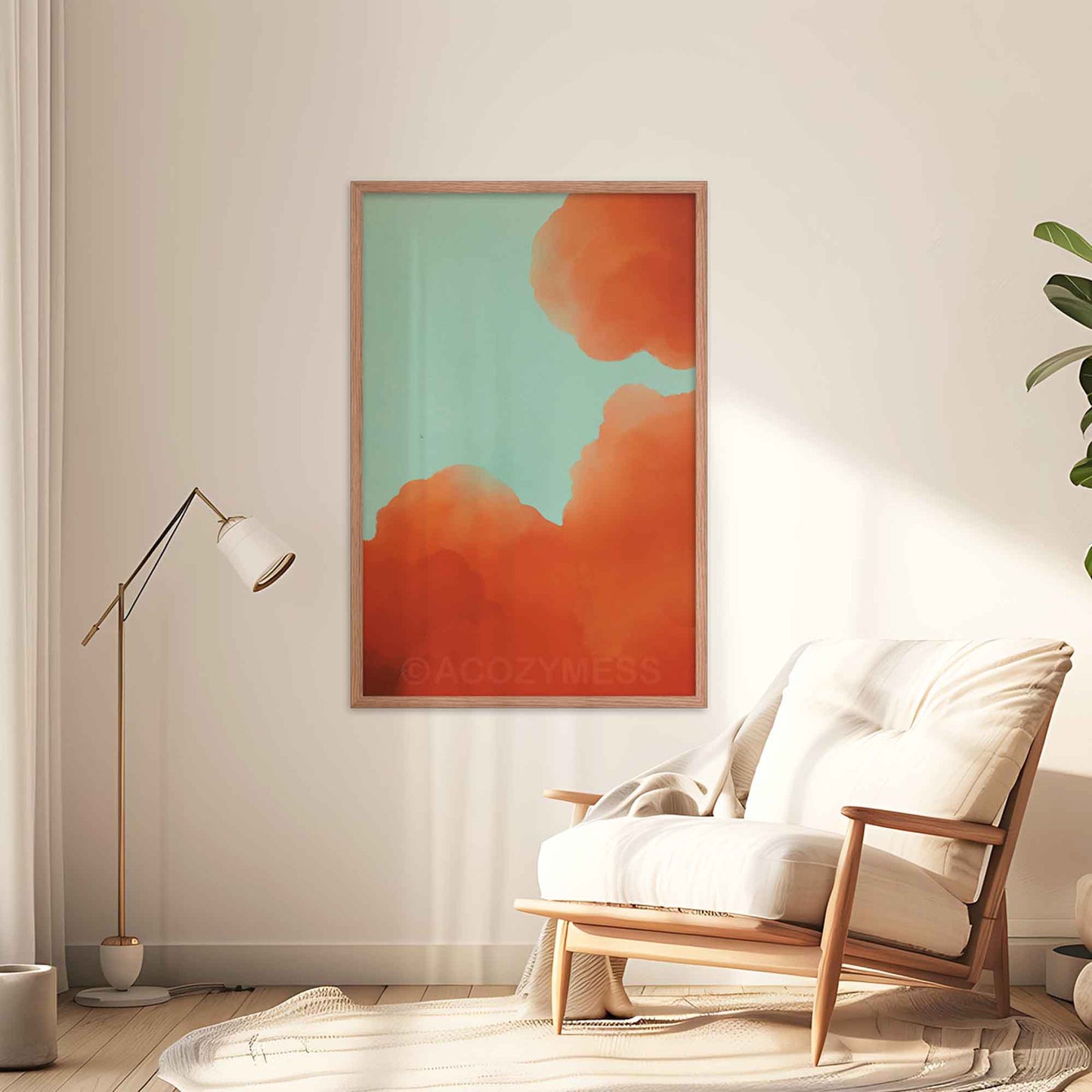 Illustrated art poster featuring vibrant orange-hued clouds against a serene blue sky in oakwood frame to create a vibrant and calming vibes to your space.