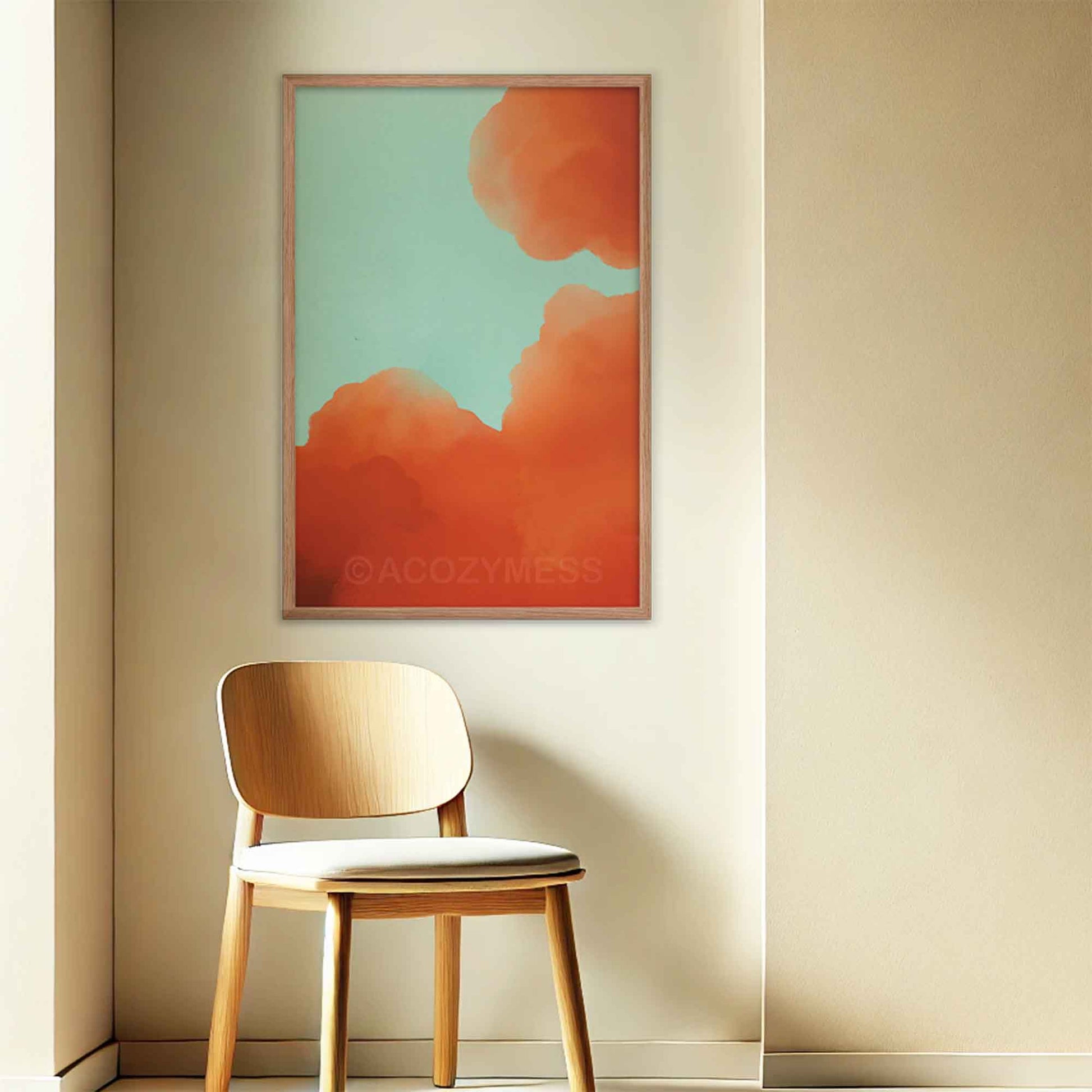 Illustrated art poster featuring vibrant orange-hued clouds against a serene blue sky in an oakwood frame.